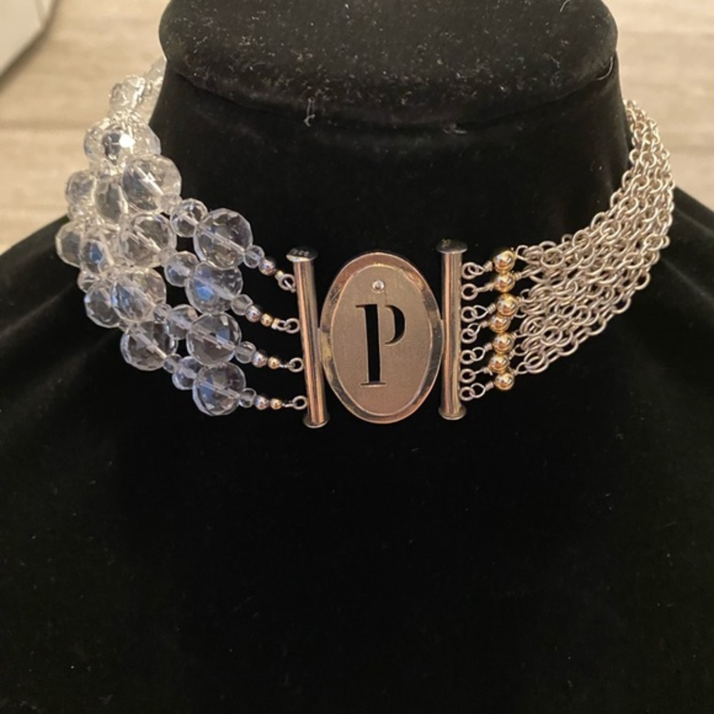 Vintage Initial choker with a P surrounded by silver chain and crystals gold 15”